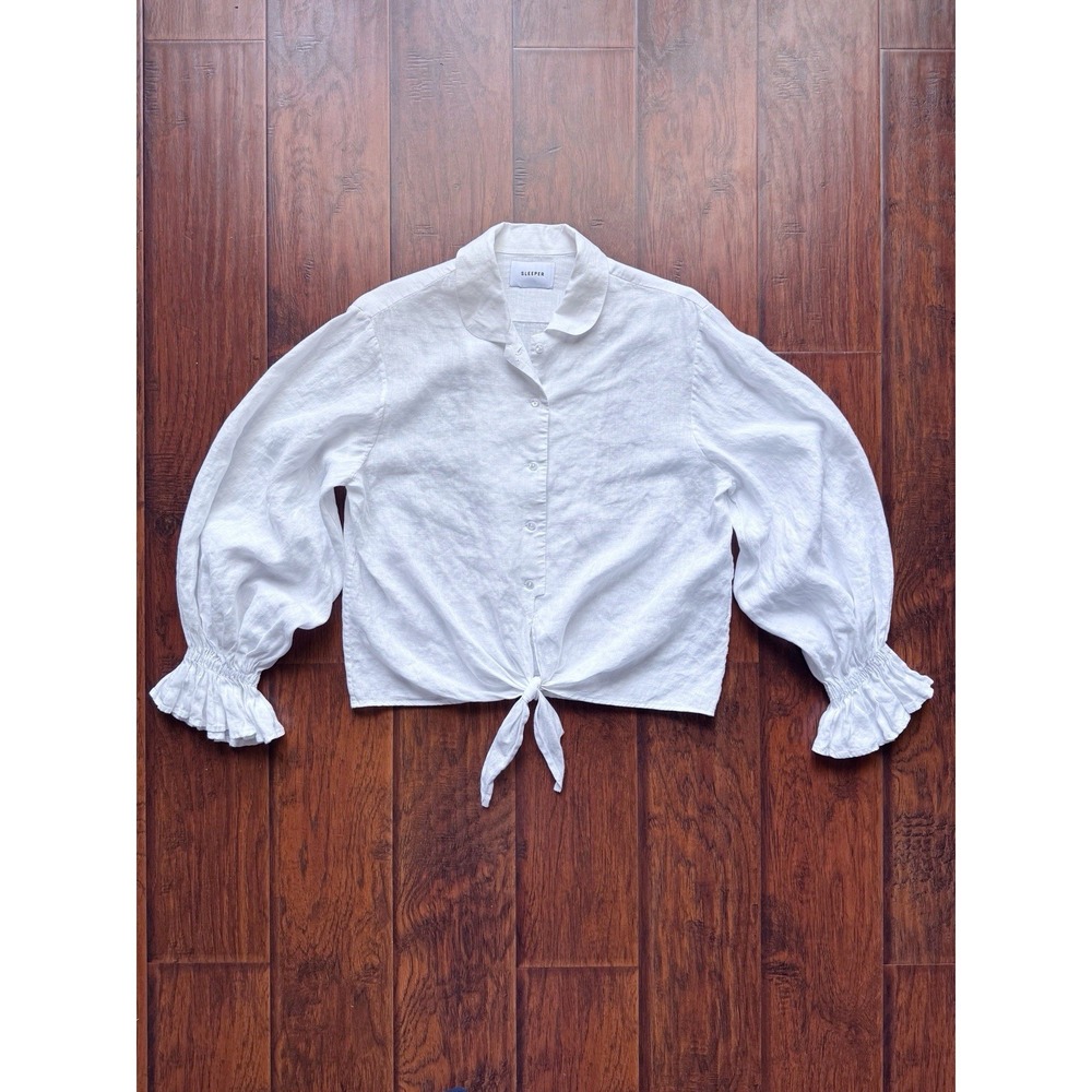 Sleeper White Linen Tie Front Puff Sleeve Blouse M Coastal Beachy Euro Summer